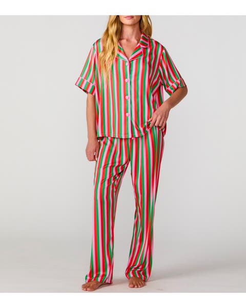 Silky Christmas Candy Stripe Short Sleeve Pant Set