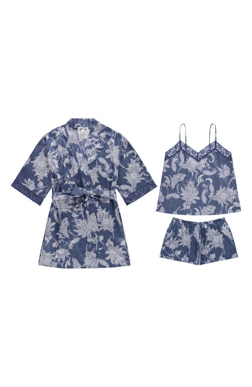 Flora Nikrooz Sabrina Floral Print Satin Short Pajamas & Robe Set In Blue