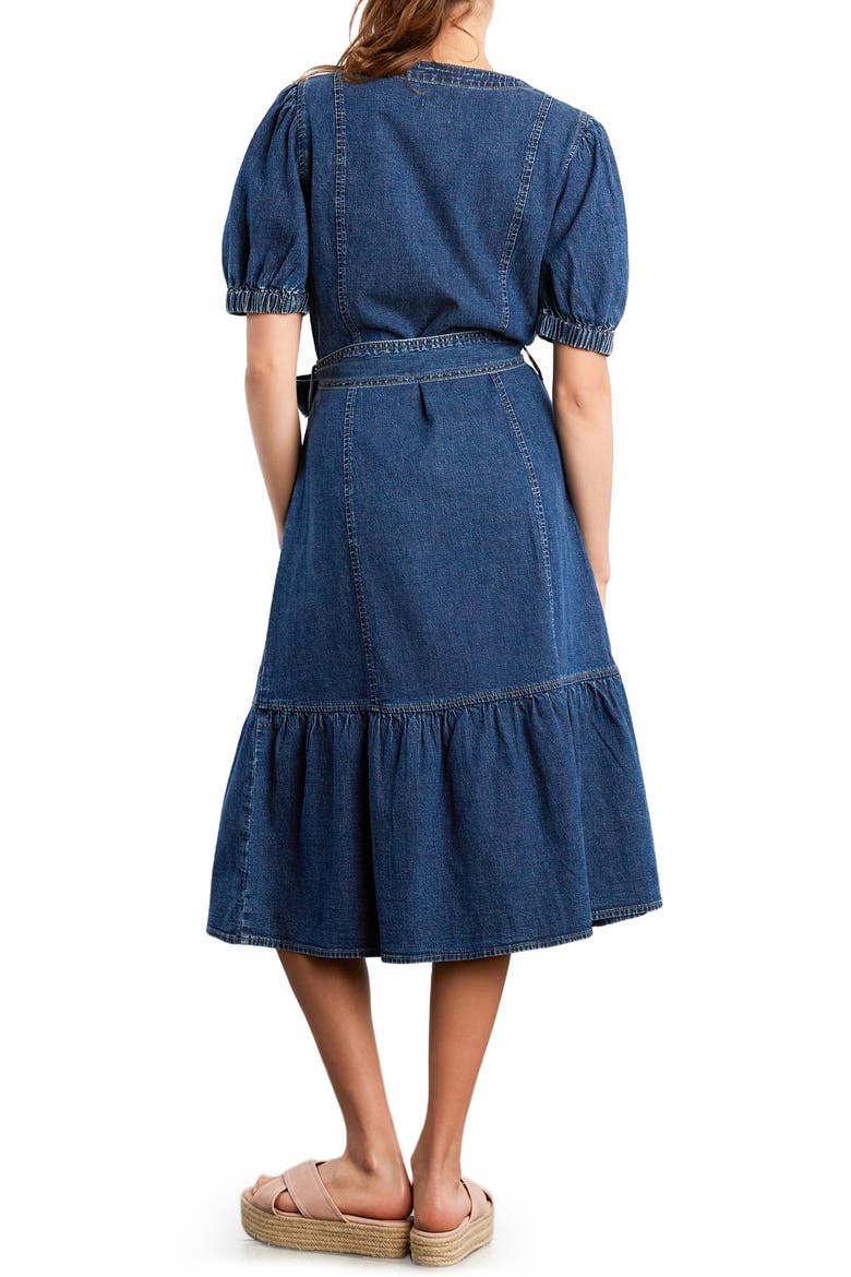 Ruffle Hem Tie Waist Denim Midi Dress, Alternate, color, DUSK BLUE
