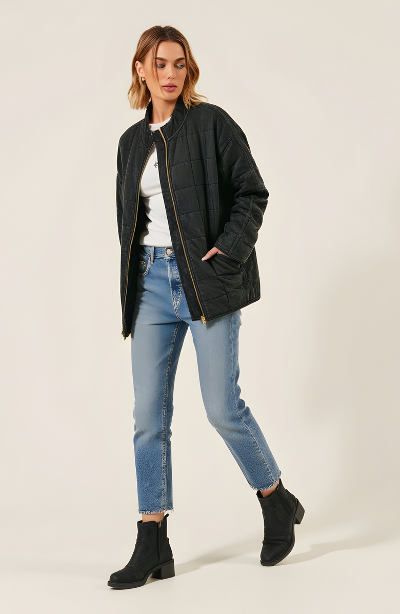 Modenaire Quilted Zip-Up Jacket with Stand Collar and Square Stitch, Alternate, color, Black