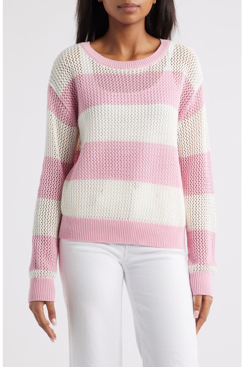 Tresa Stripe Crochet Crewneck Sweater, Main, color, PINK/IVORY
