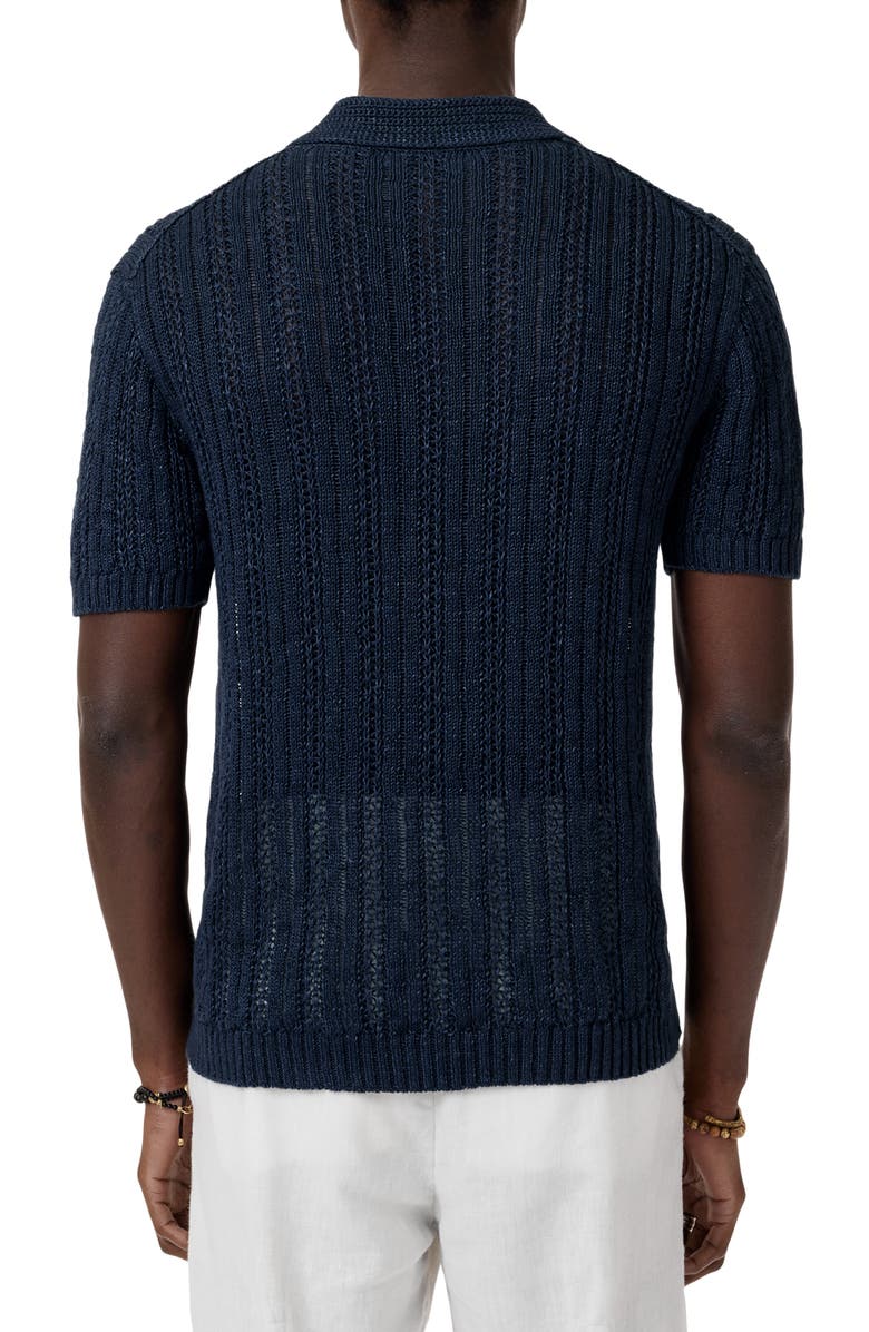 John Varvatos Odin Short Sleeve Textured Linen Johnny Collar Sweater, Alternate, color, Navy