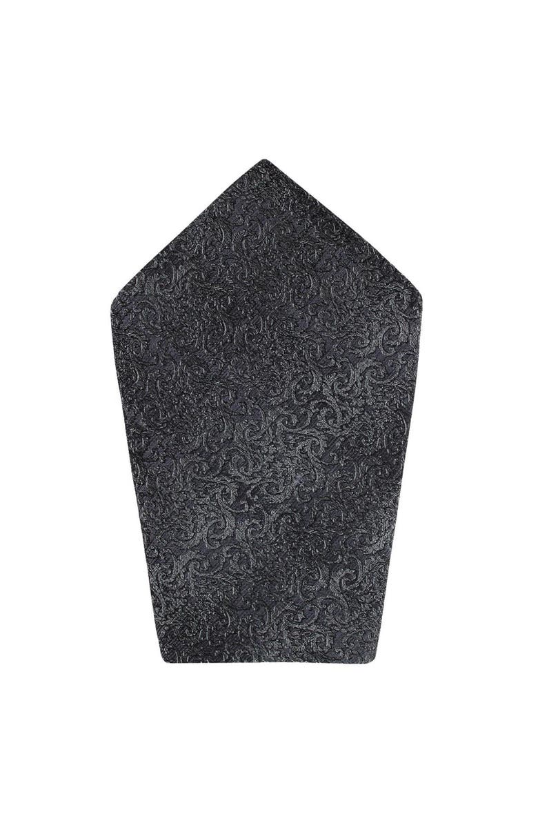 Trafalgar Esteban Scrolling Vines Tone on Tone Patterned Silk 12x12 Pocket Square, Main, color, Silver And Black