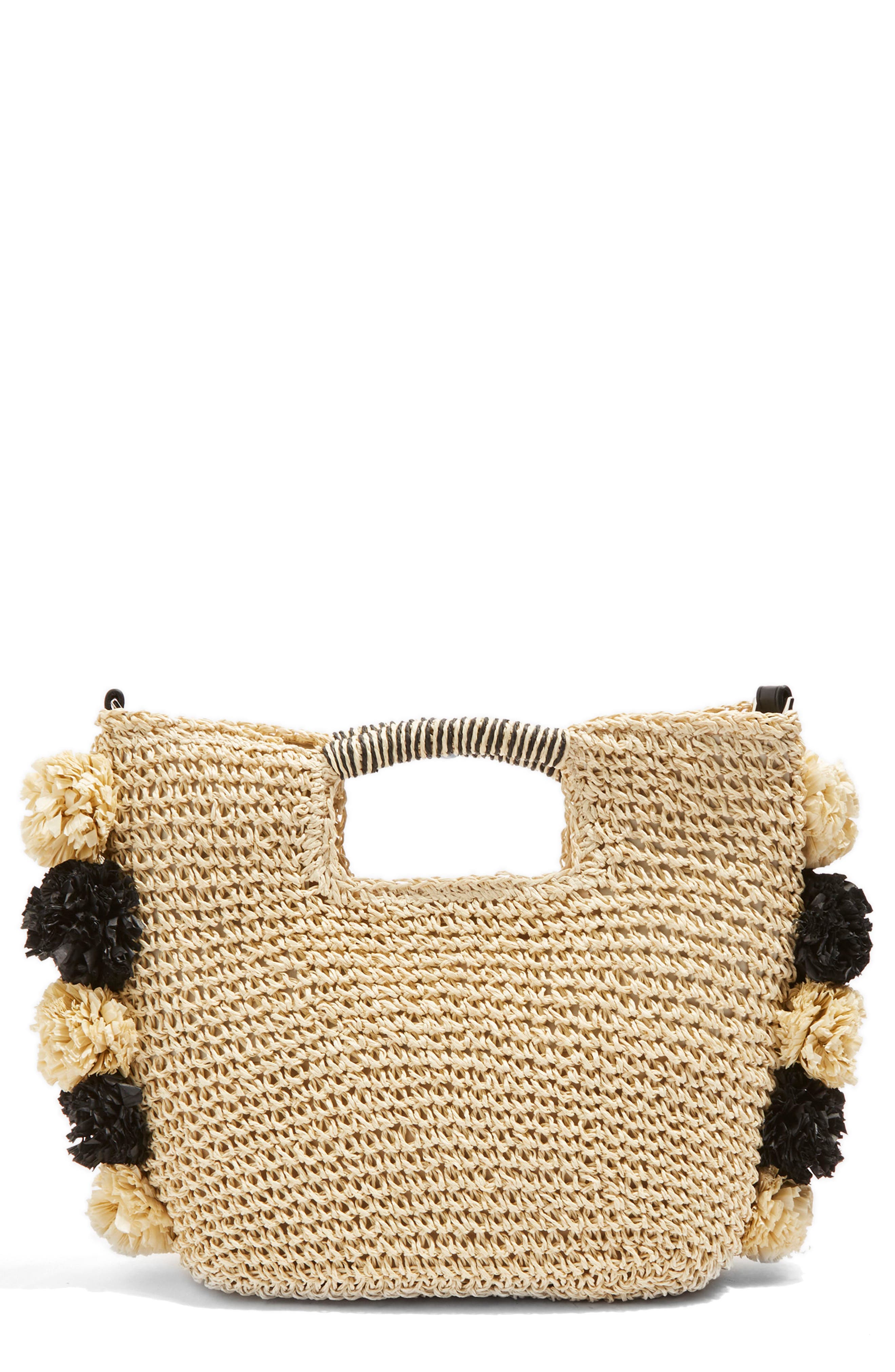 Bali Pom Straw Tote Bag, Main, color, NUDE
