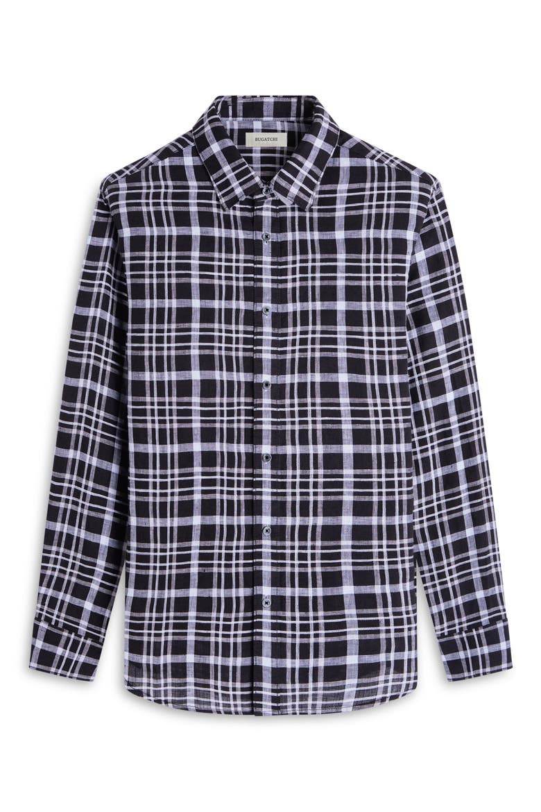 Julian Plaid Linen Button-Up Shirt, Alternate, color, BLACK