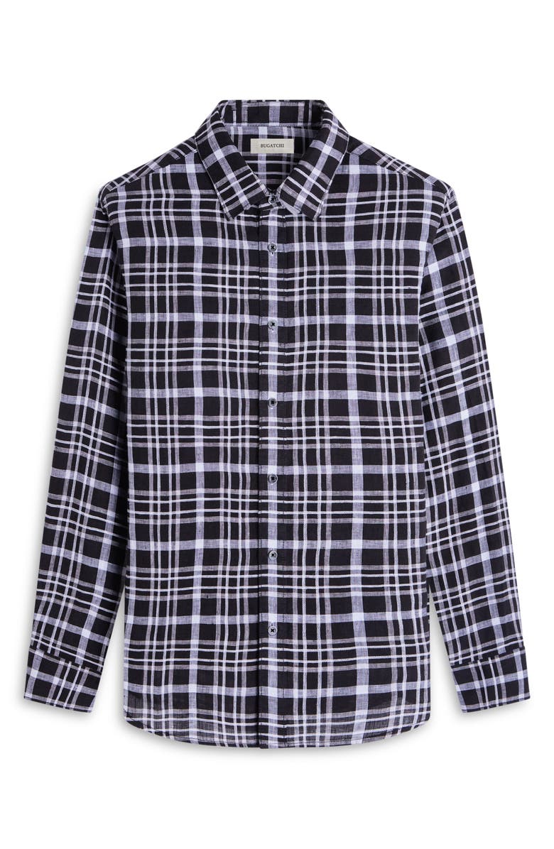 Bugatchi Julian Plaid Linen Button-Up Shirt, Alternate, color, Black