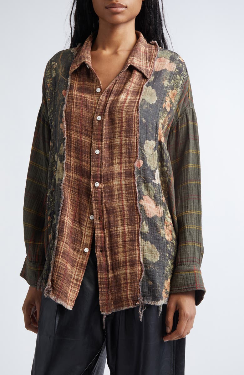 R13 Shredded Seam Drop Neck Plaid Flannel Button-Up Shirt, Alternate, color, Multi-Print Brown