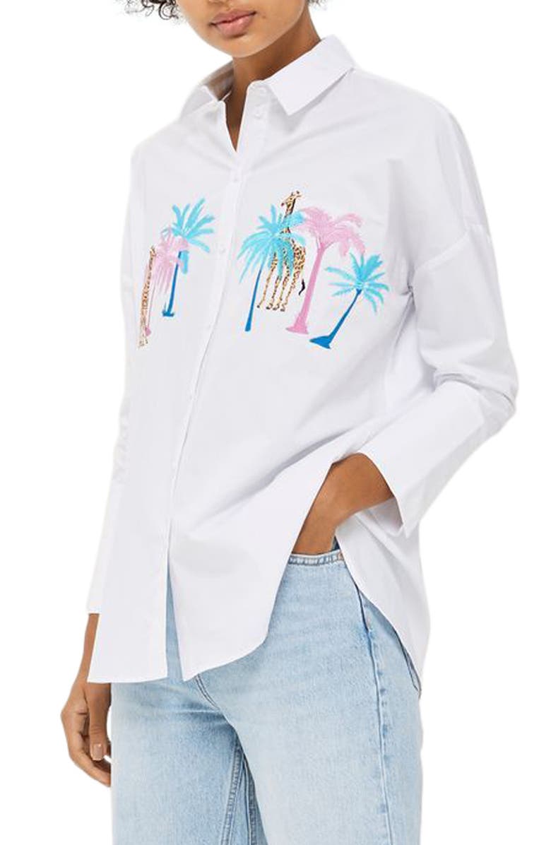 Topshop Palm & Giraffe Embroidered Shirt, Alternate, color,