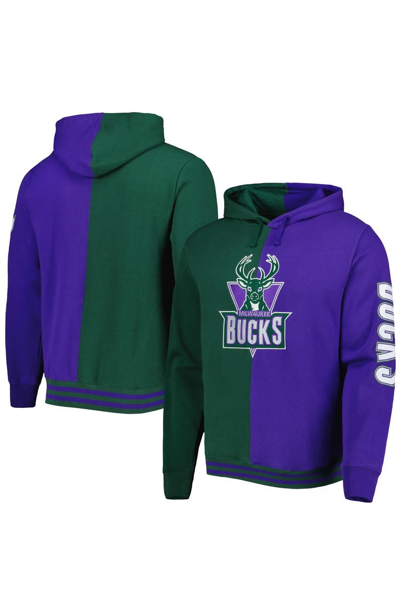 Mitchell & Ness Men's Mitchell & Ness Green/Purple Milwaukee Bucks Hardwood Classics Split Pullover Hoodie, Alternate, color, 