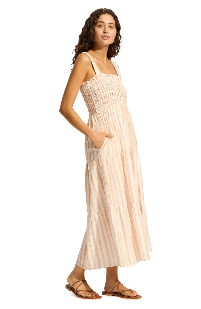 Seafolly Isla Palm Tiered Organic Cotton Cover-Up Dress, Alternate, color, Ecru