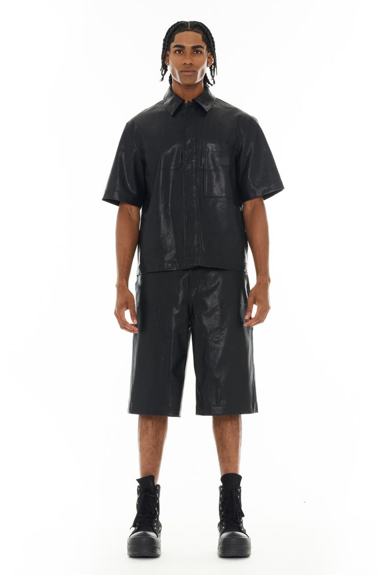 Oversize Short Sleeve Faux Leather Button-Up Shirt, Alternate, color, BLACK