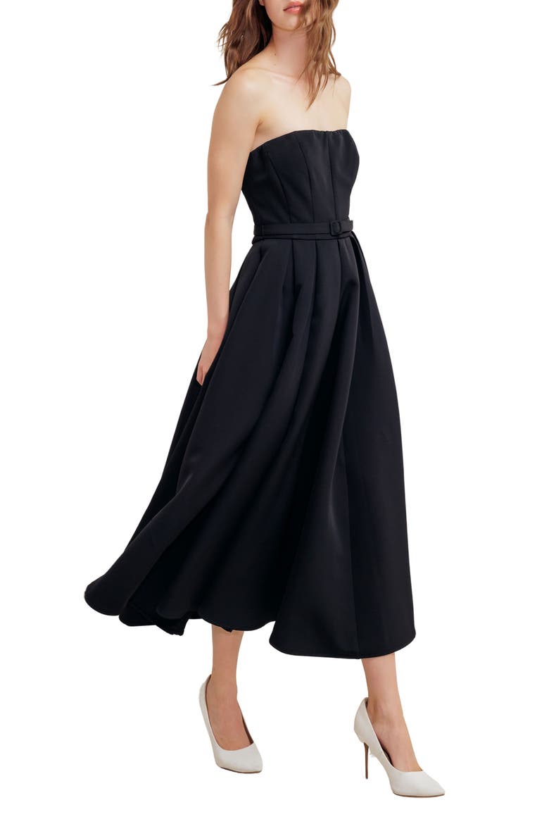 Belted Strapless Midi Dress, Alternate, color, BLACK