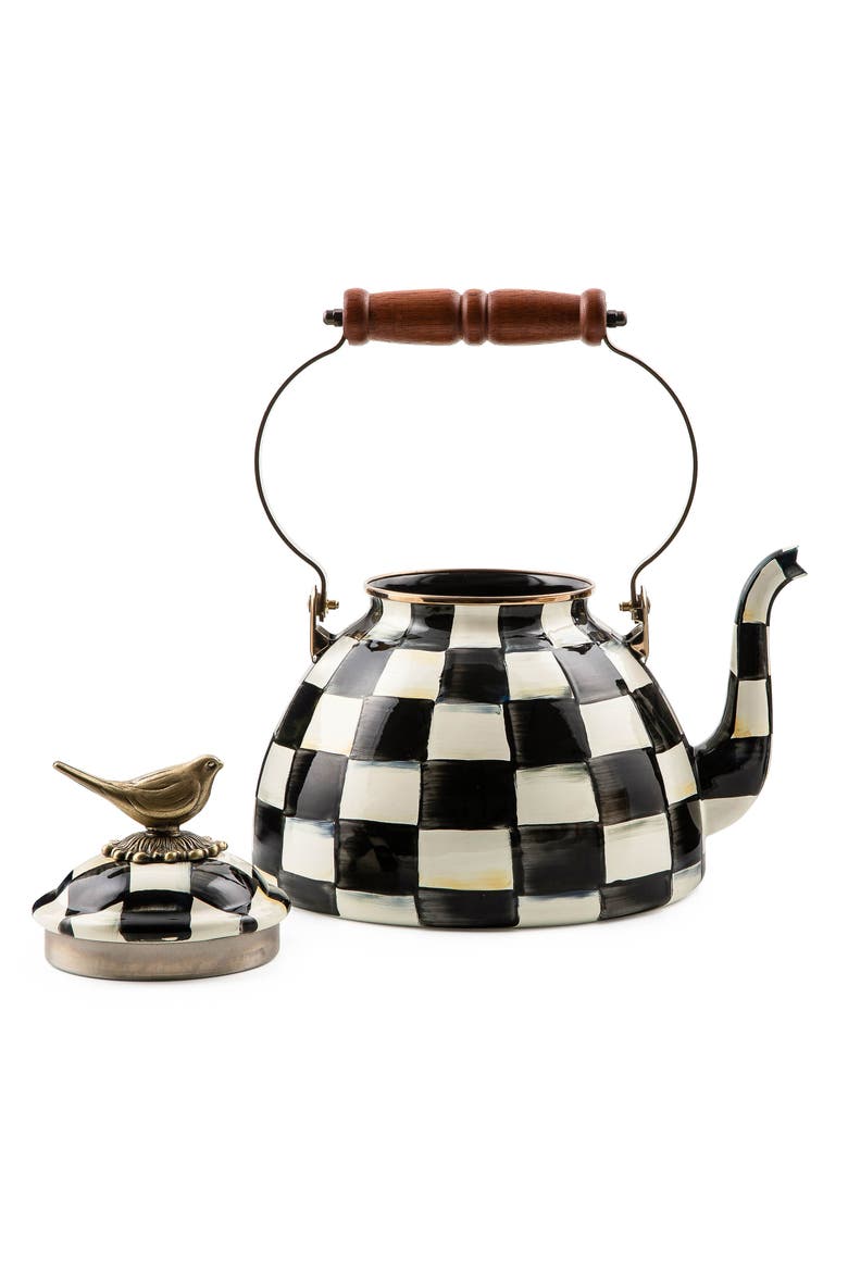 Courtly Check Enameled Steel 3-Quart Tea Kettle with Bird, Alternate, color, BLACK/ WHITE
