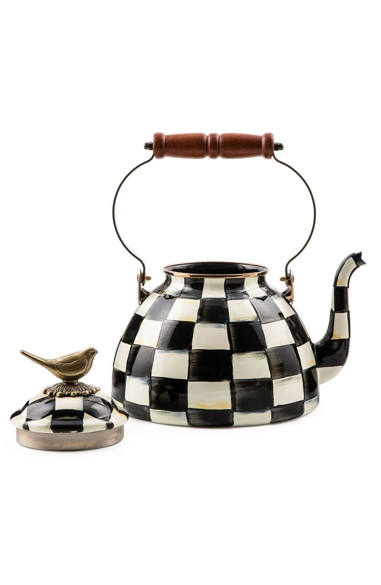 MACKENZIE CHILDS Courtly Check Enameled Steel 3-Quart Tea Kettle with Bird, Alternate, color, 