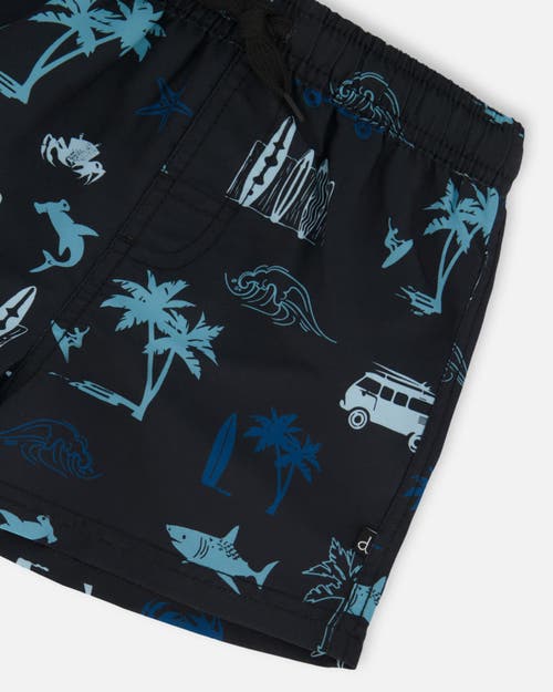 DEUX PAR DEUX DEUX PAR DEUX LITTLE BOY'S PRINTED SWIM TRUNKS LIGHT BLUE BEACH ON BLACK 