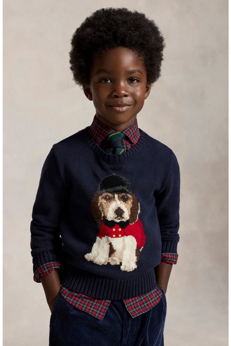 Kids' Beagle Intarsia Cotton Sweater, Alternate, color, RL NAVY MULTI
