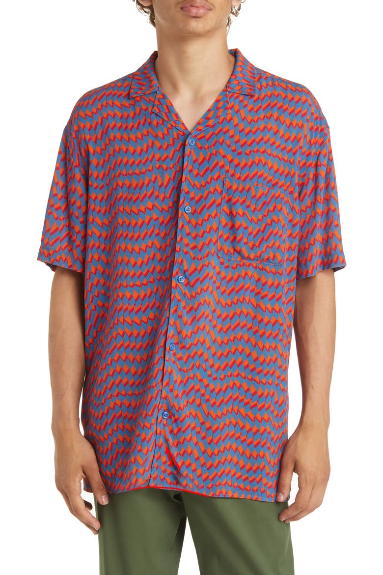 Print Short Sleeve Button-Up Camp Shirt, Main, color, ORANGE- BLUE DIAMOND CHECKER