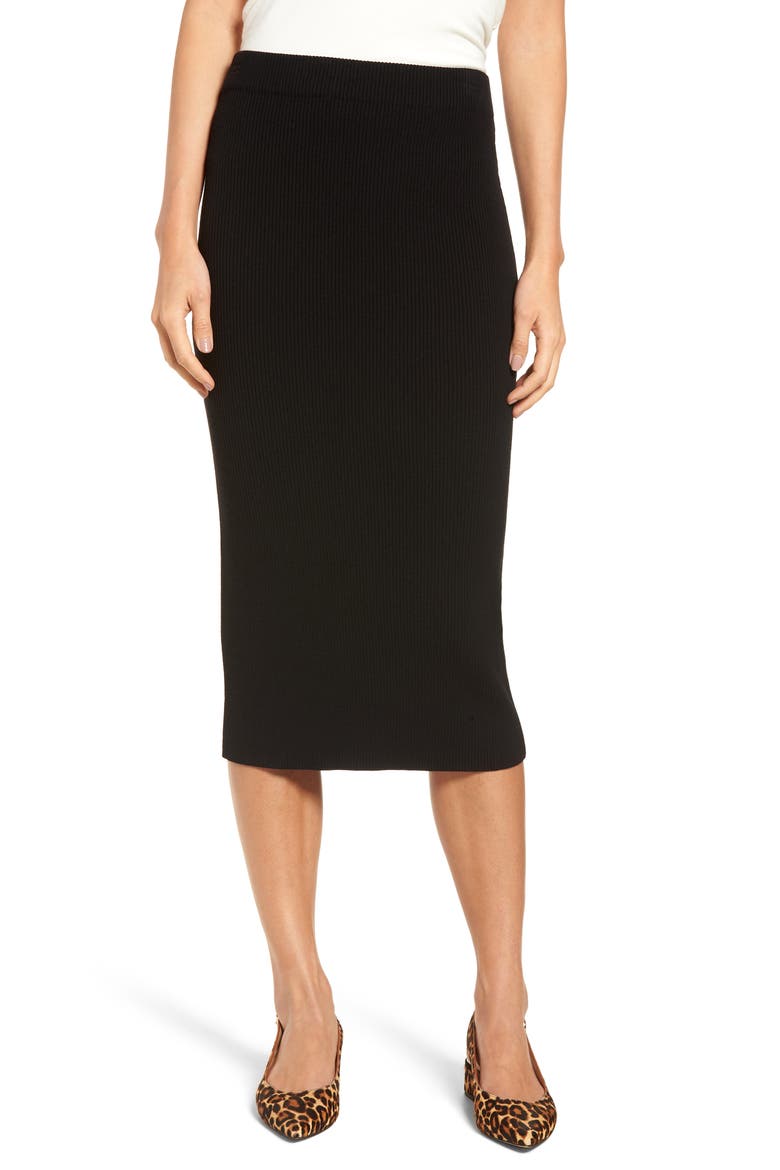 Skinny Ribbed Sweater Midi Skirt, Main, color, BLACK