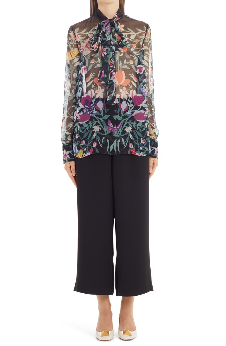 Valentino Floral Print Tie Neck Silk Blouse, Alternate, color,