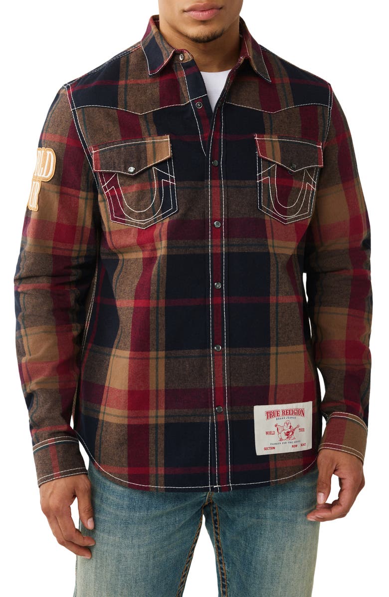 True Religion Plaid Big T Western Snap-Up Shirt, Main, color, Blue / Tan / Red