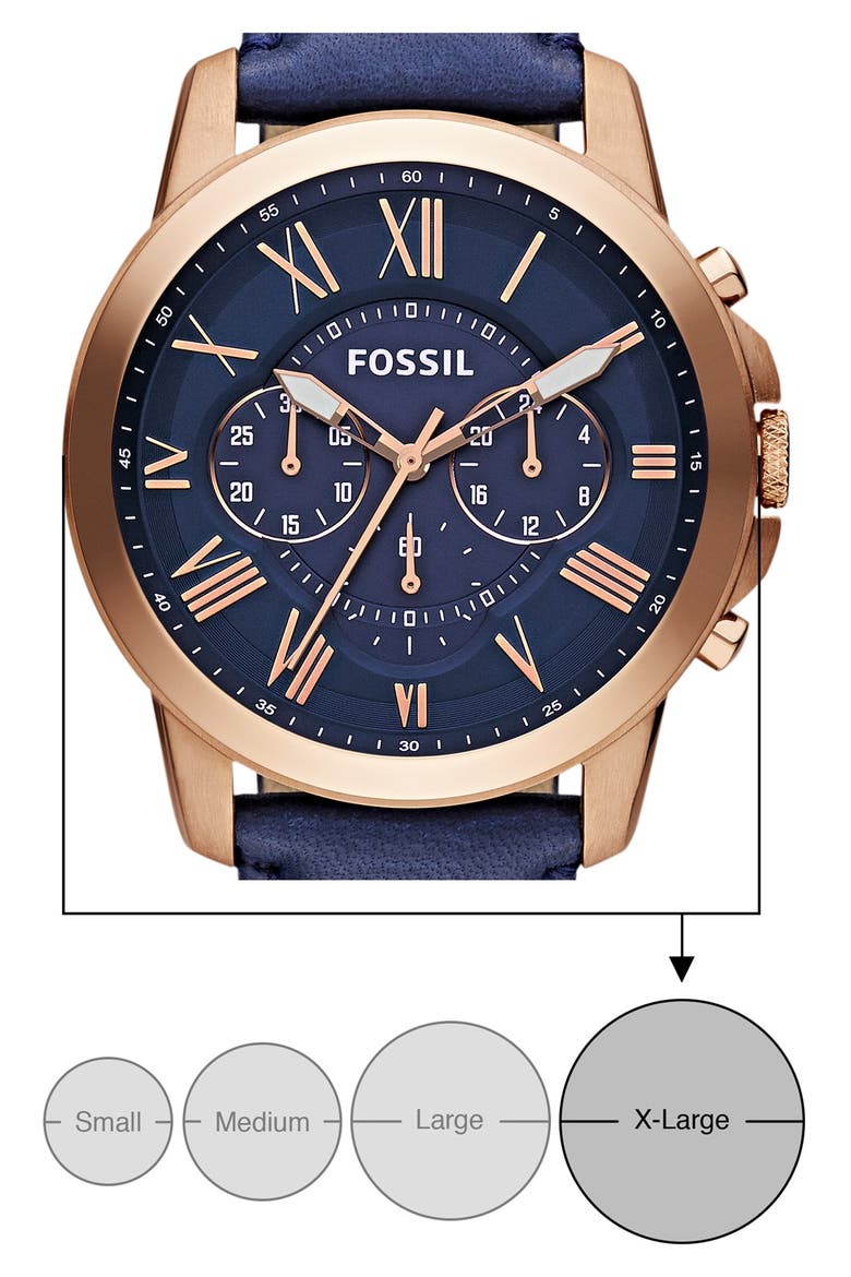 'Grant' Round Chronograph Leather Strap Watch, 44mm, Alternate, color, NAVY/ ROSE GOLD