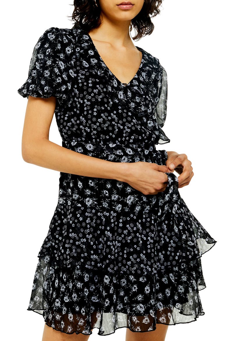 Ditsy Floral Print Ruffle Minidress, Alternate, color, BLACK MULTI