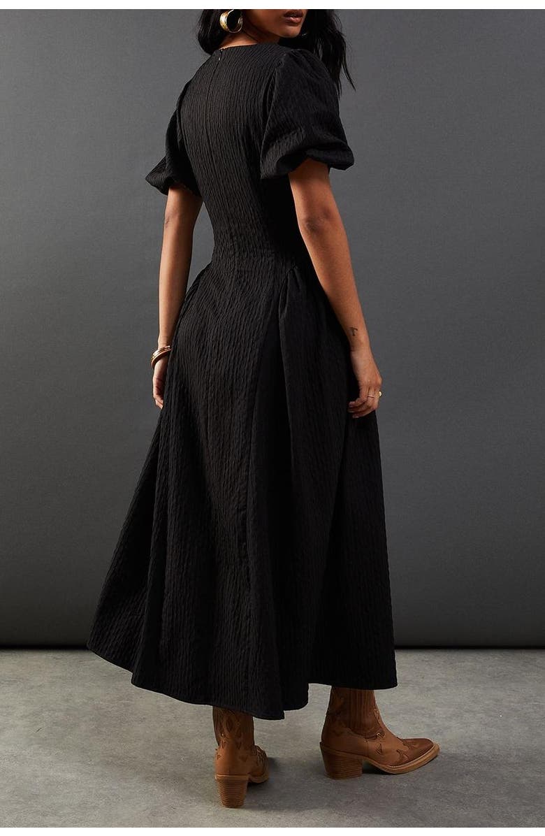 Warehouse Seersucker Puff Sleeve Midi Dress, Alternate, color, Black