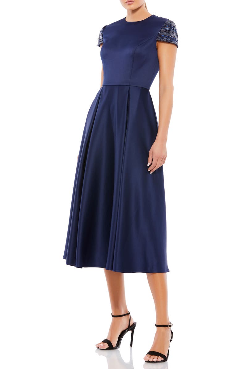 Mac Duggal High Neck Cap Sleeve Tea Length Dress, Main, color, Midnight