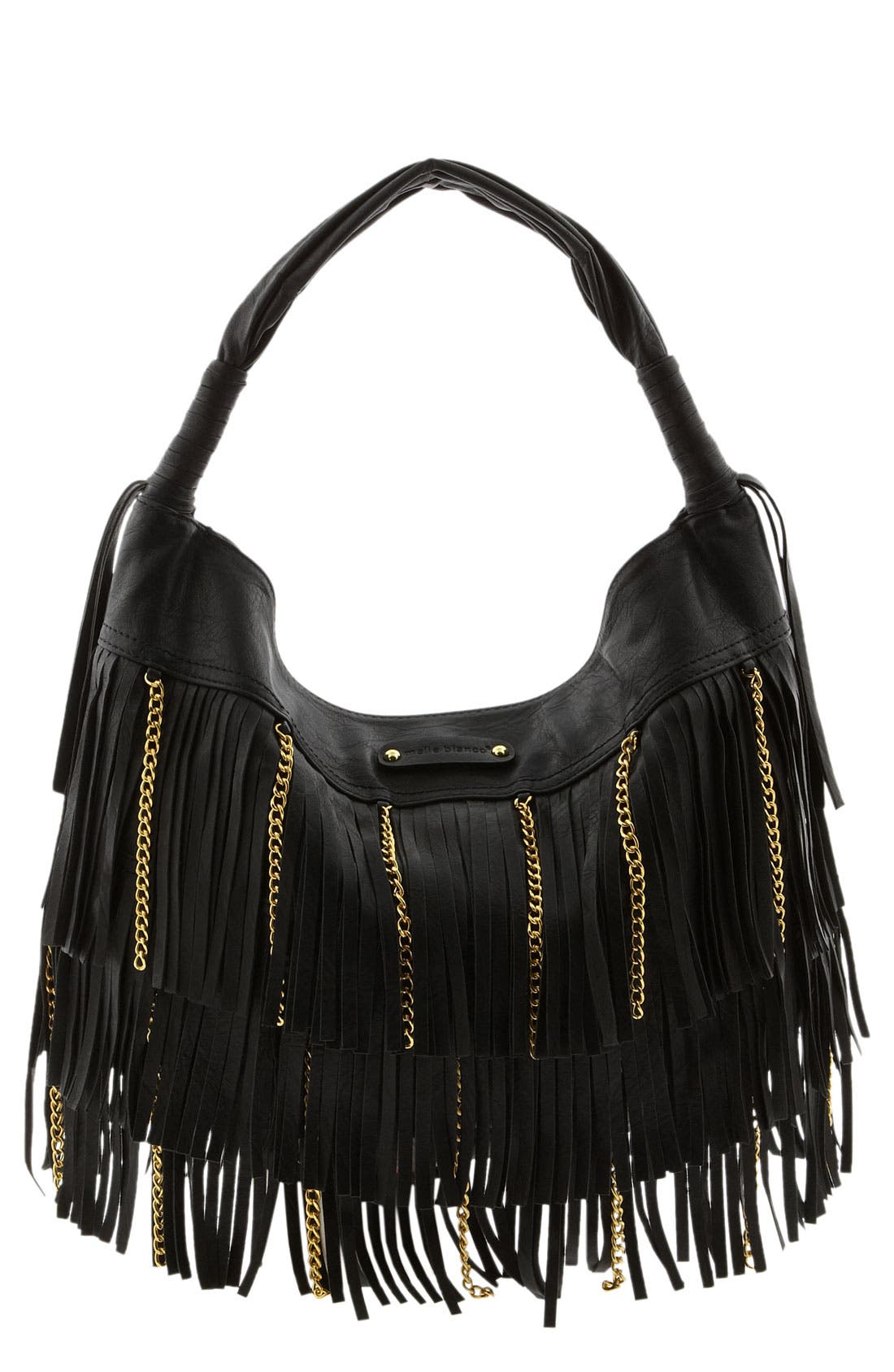 'Dakota' Fringe Faux Leather Hobo, Main, color, BLACK