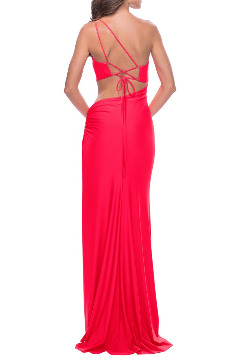 One Shoulder Dress with Side Cut Out and Unique Back in Bright Colors, Alternate, color, HOT CORAL