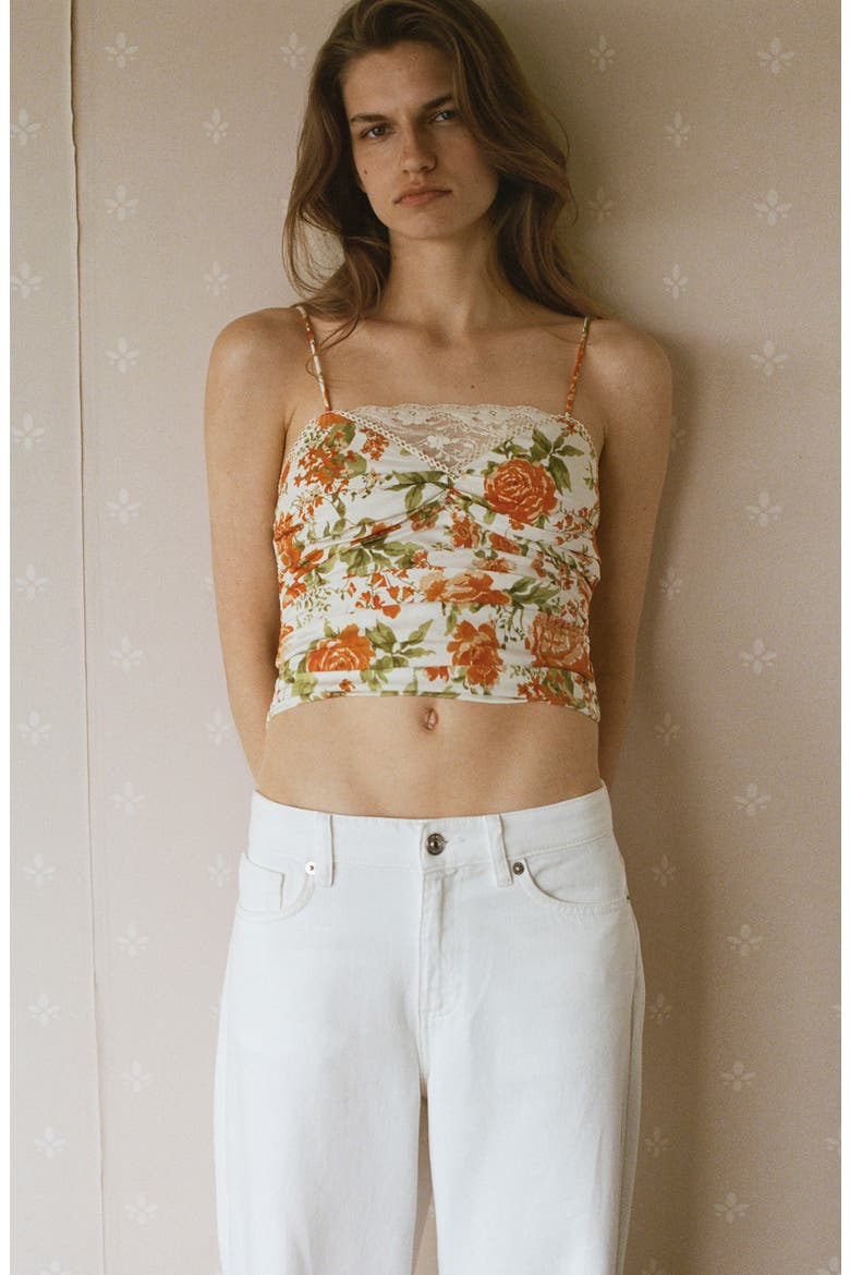Lace Trim Floral Crop Camisole, Alternate, color, ORANGE