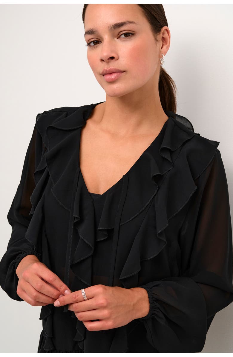 Kaffe Kaninna V-Neck Ruffles Chiffon Blouse, Alternate, color, Black Deep
