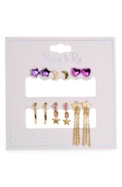 Ruby & Ry Kids' Star Heart Moon Set of 6 Earrings in Gold Multi 