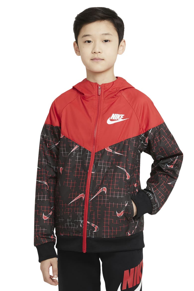 Sportswear Kids' Glow In The Dark Windrunner Jacket, Main, color, BLACK/ UNIVERSITY RED/ VOLT
