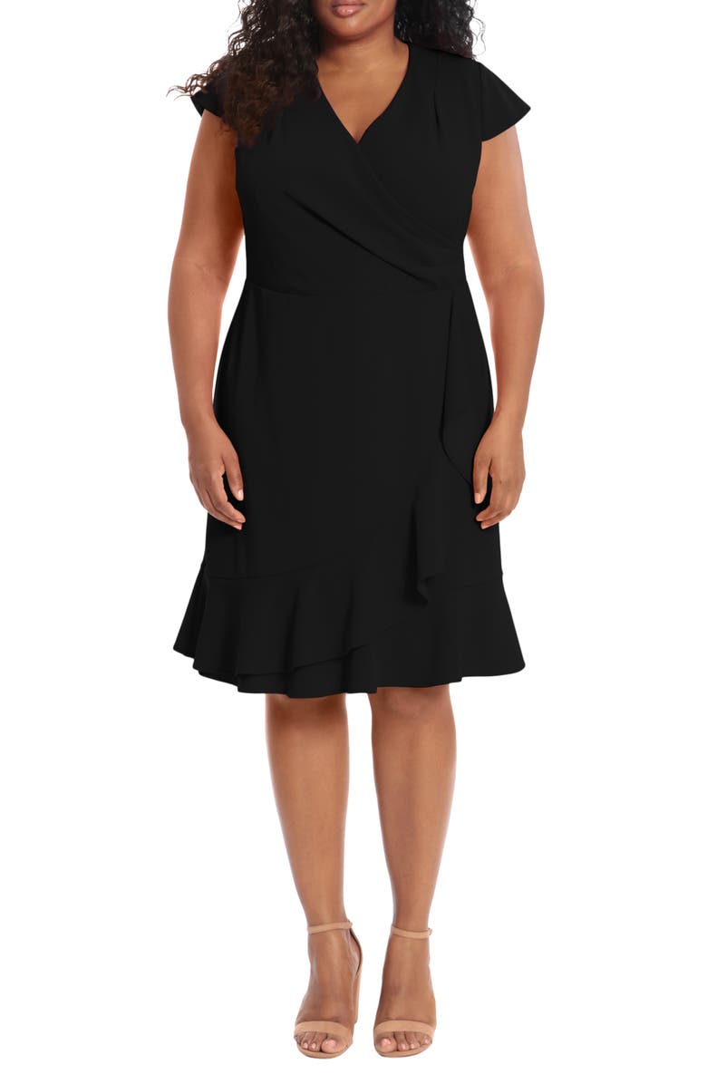 London Times Pleated Flounce Faux Wrap Dress, Main, color, Black