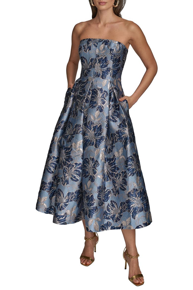 Floral Strapless Fit & Flare Midi Cocktail Dress, Main, color, CIELO MULTI