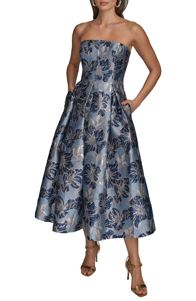 Donna Karan New York Floral Strapless Fit & Flare Midi Cocktail Dress, Main, color, Cielo Multi