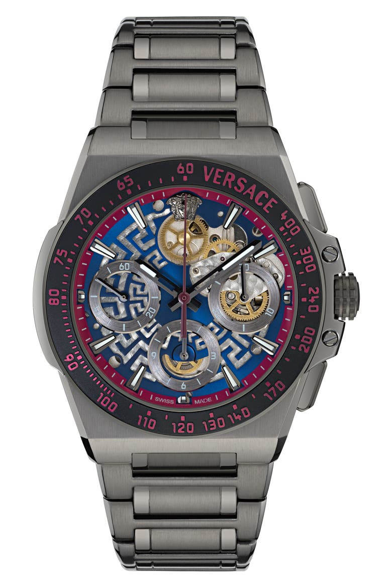 Greca Extreme Skeleton Dial Automatic Chronograph Bracelet Watch, 43mm, Main, color, BLUE/ IP GUNMETAL