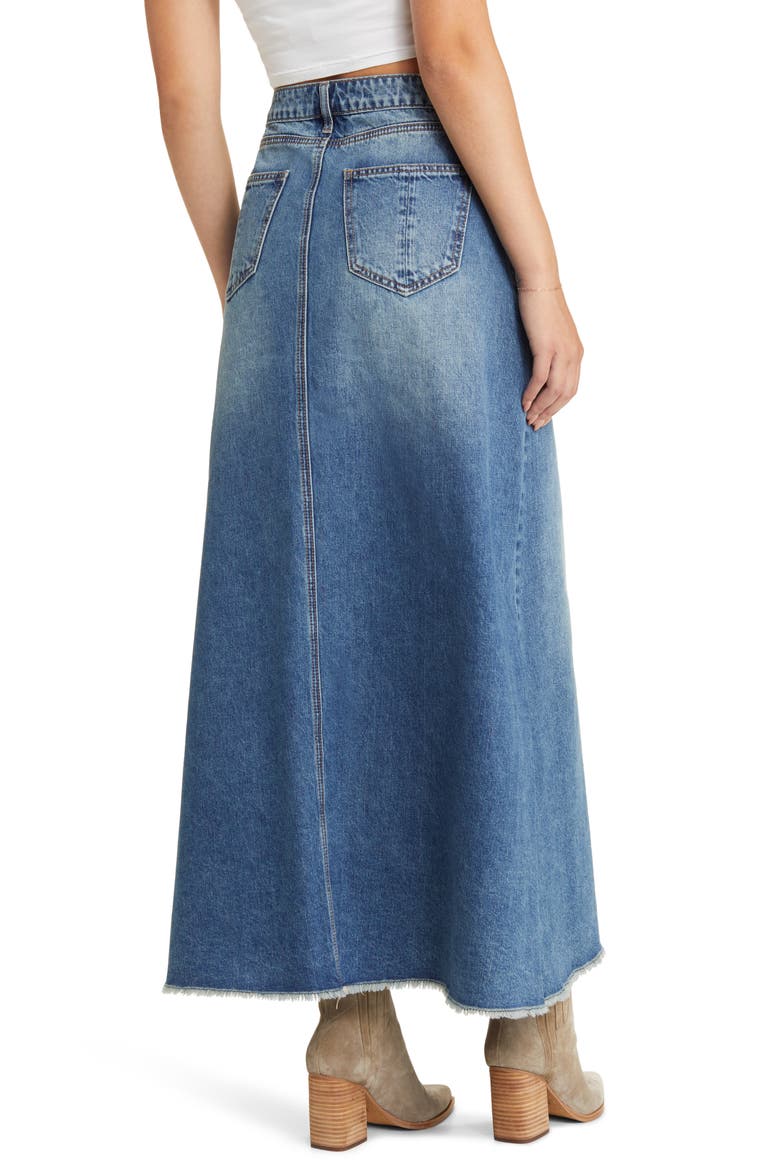 Frayed Hem Denim Maxi Skirt, Alternate, color, WASHED BLUE