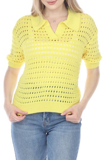 Shop Rain And Rose Open Stitch Sweater Polo In Yellow