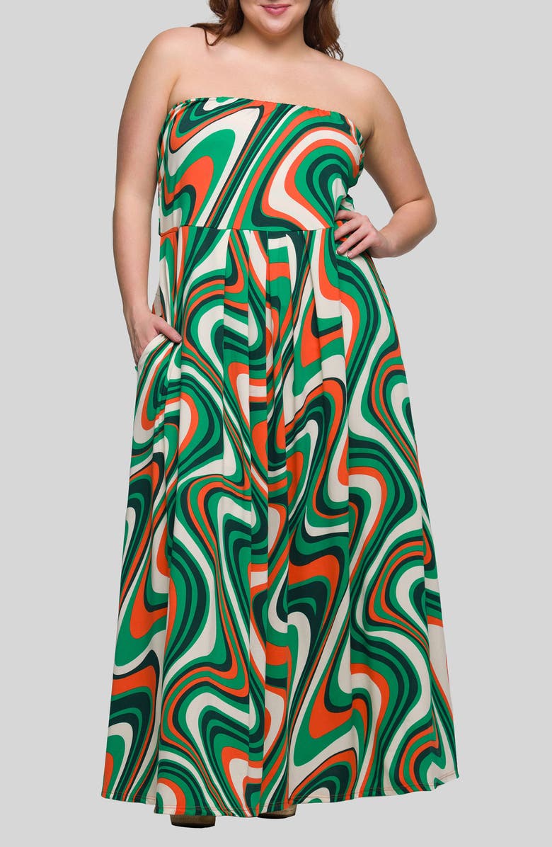 24seven Comfort Apparel Print Strapless Maxi Dress, Main, color, Green Multi