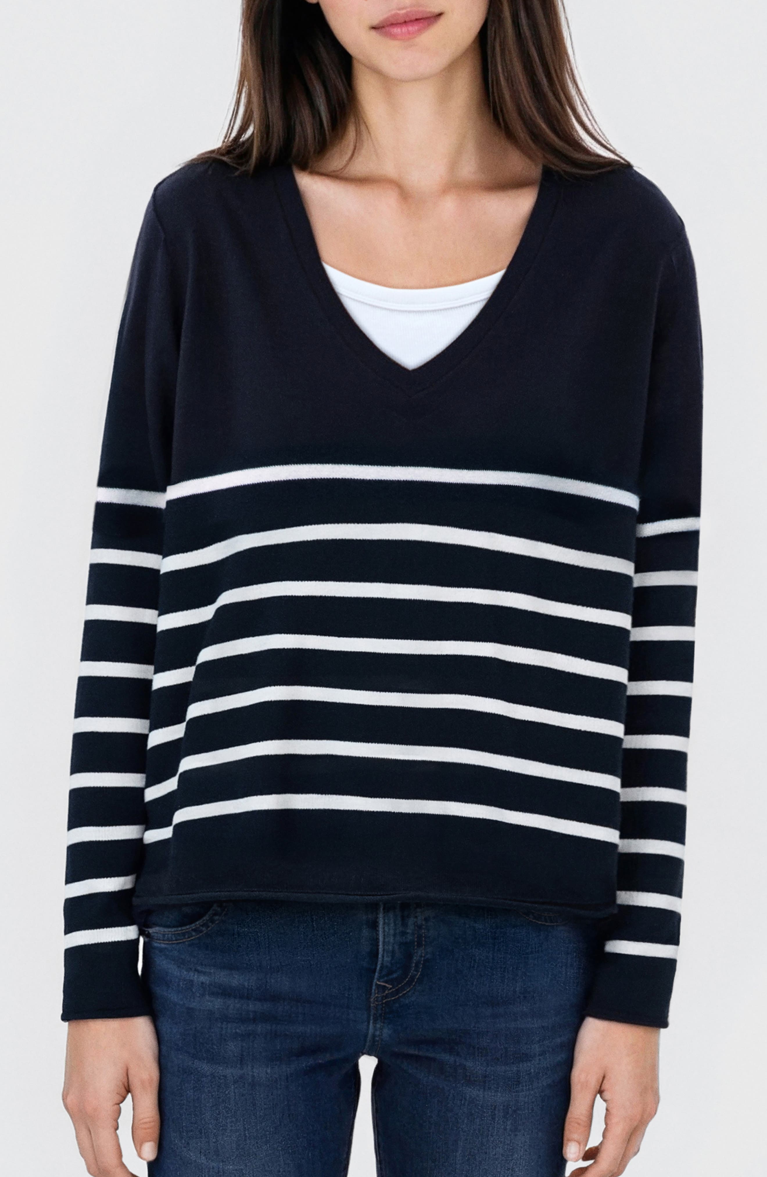 Stripe V-Neck Cotton Blend Sweater