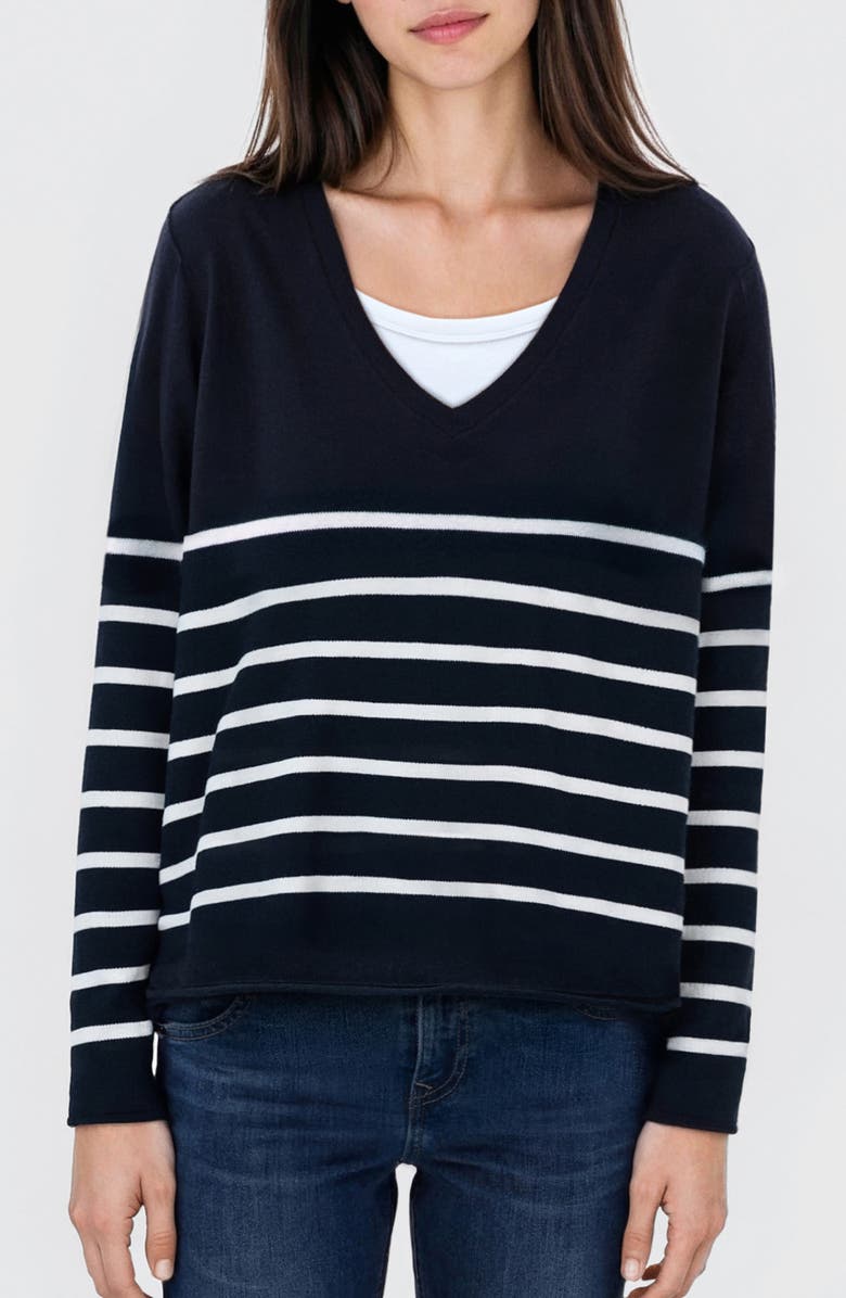 MANGO TEEN Stripe V-Neck Cotton Blend Sweater, Main, color, Navy