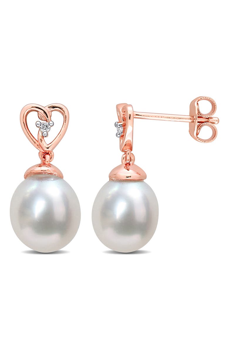 DELMAR Rose Gold Plated Sterling Silver White Topaz Heart 8-9mm Cultured South Sea Pearl Drop Earrings, Main, color, White
