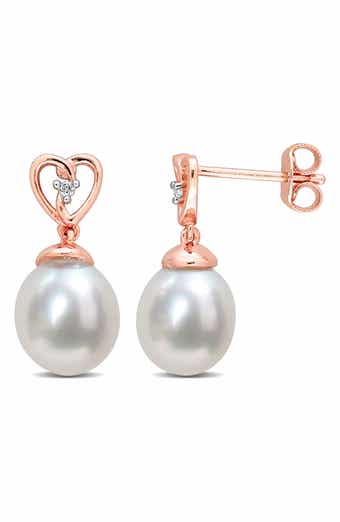 Rose Gold Plated Sterling Silver White Topaz Heart 8-9mm Cultured South Sea Pearl Drop Earrings