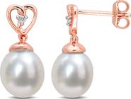 DELMAR Rose Gold Plated Sterling Silver White Topaz Heart 8-9mm Cultured South Sea Pearl Drop Earrings