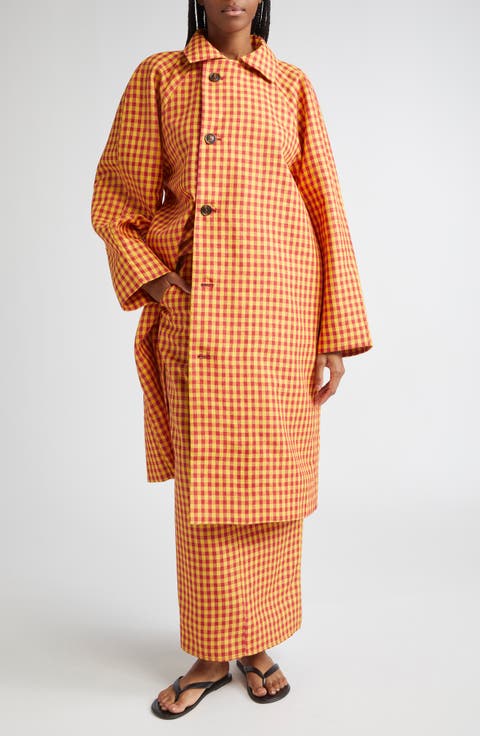 Hugo Asymmetric Check Linen Long Car Coat