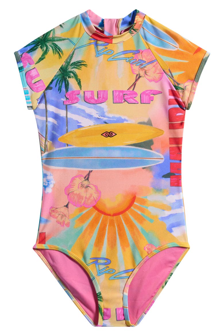 Kids' Malibu Surf Short Sleeve One-Piece Rashguard Swimsuit, Main, color, ORANGE MULTI