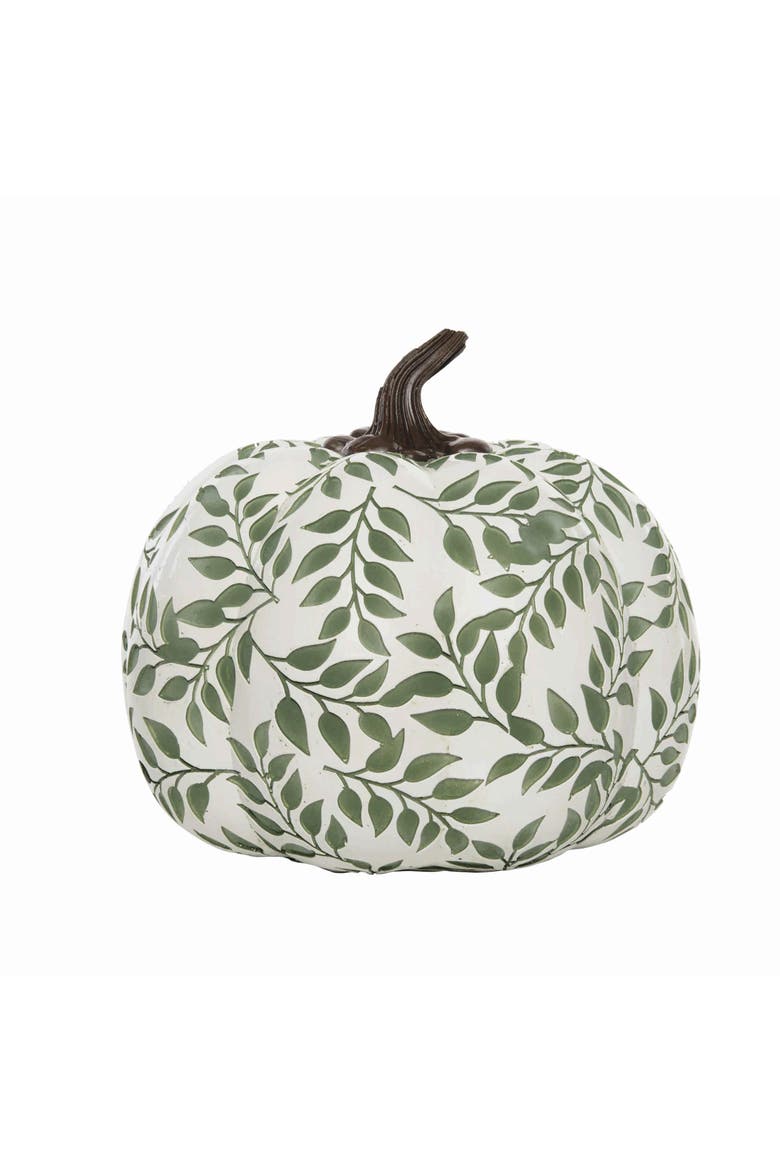 White & Green Botanical Pumpkin Tall Fall Harvest Tabletop Figurine, 6.9" x 7.8", Main, color, Green