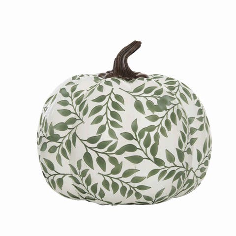 White & Green Botanical Pumpkin Tall Fall Harvest Tabletop Figurine, 6.9" x 7.8"